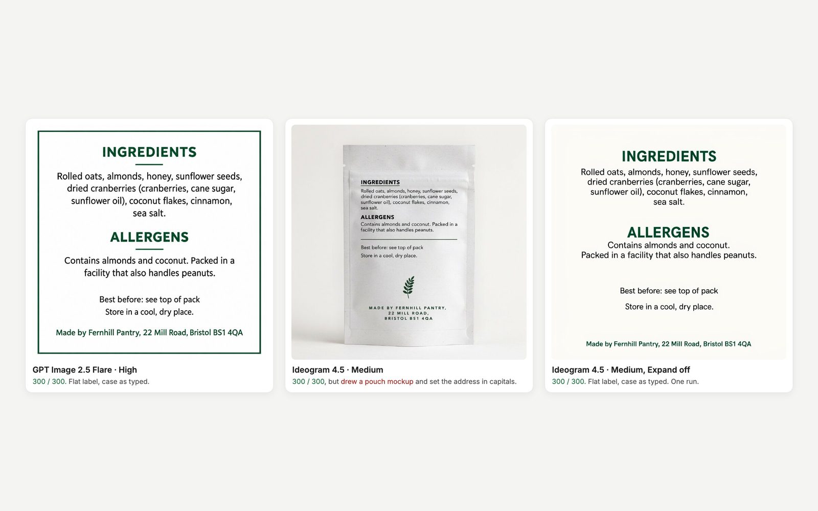 Granola back labels from one prompt: GPT Image 2.5 Flare flat, Ideogram 4.5 Medium as a pouch mockup, Ideogram 4.5 Medium with Expand off flat.