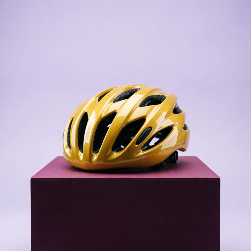 Golden yellow cycling helmet on a plum plinth against a lavender background.