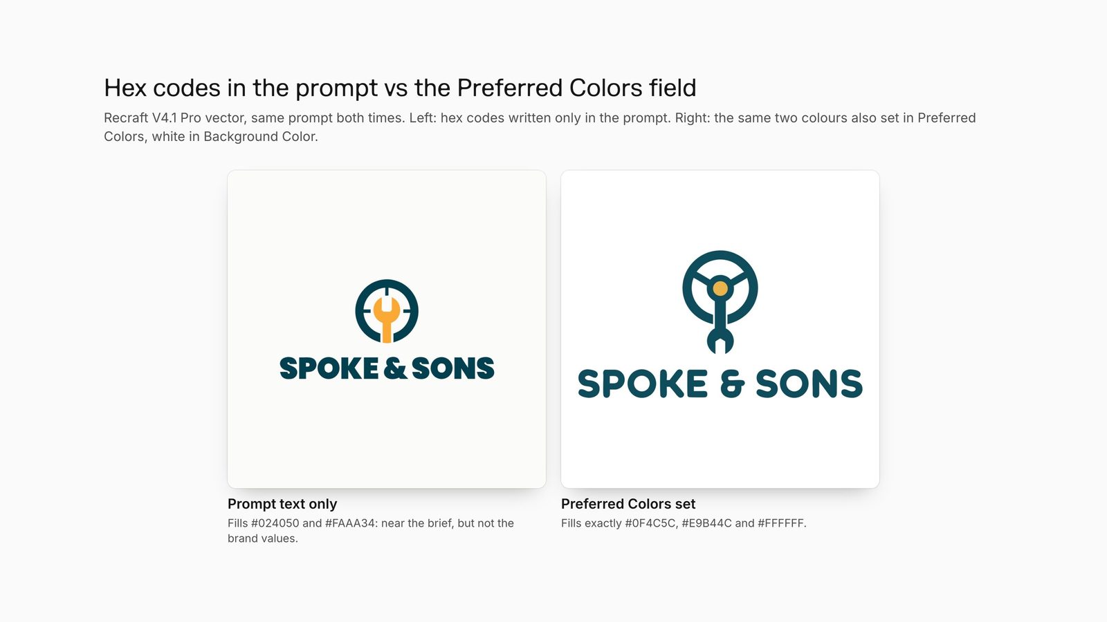 Two Recraft V4.1 Pro SVG logos from one prompt: hex codes in the prompt only, and the same colours set in the Preferred Colors field, which match exactly.