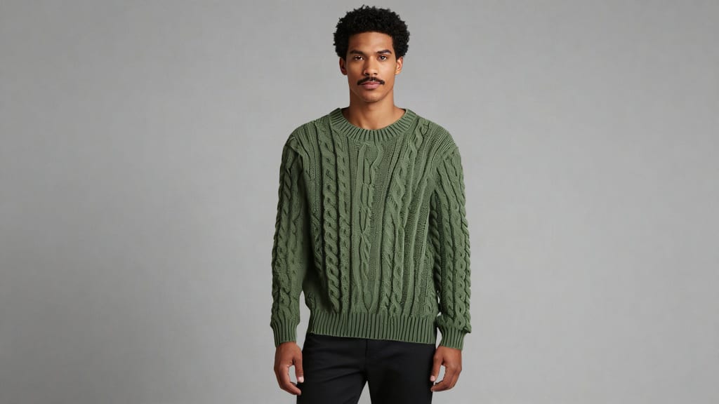 Fashn Tryon result showing a model wearing the dedicated moss-green cable-knit sweater.