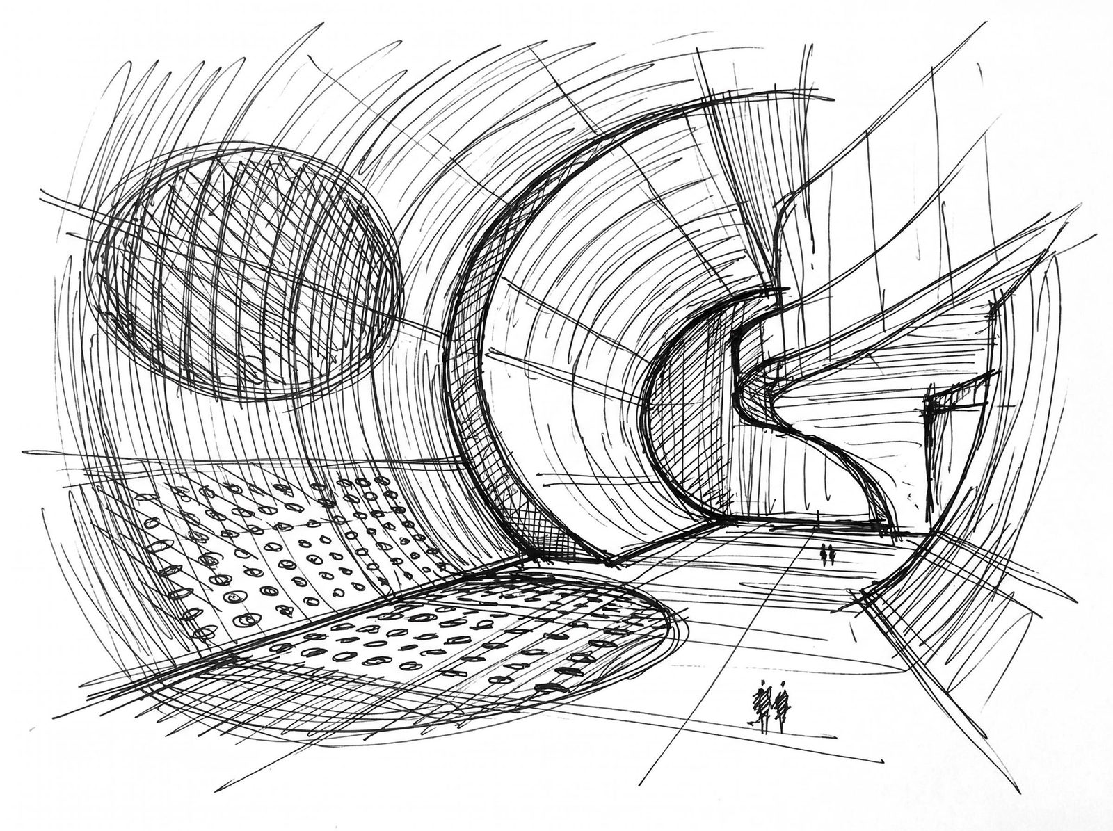 Architectural concept sketch exploring the curves, openings and proportions of a concrete structure.