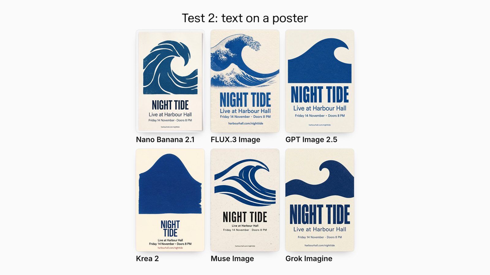 Six NIGHT TIDE concert posters, one per model; all six spell every requested line correctly.