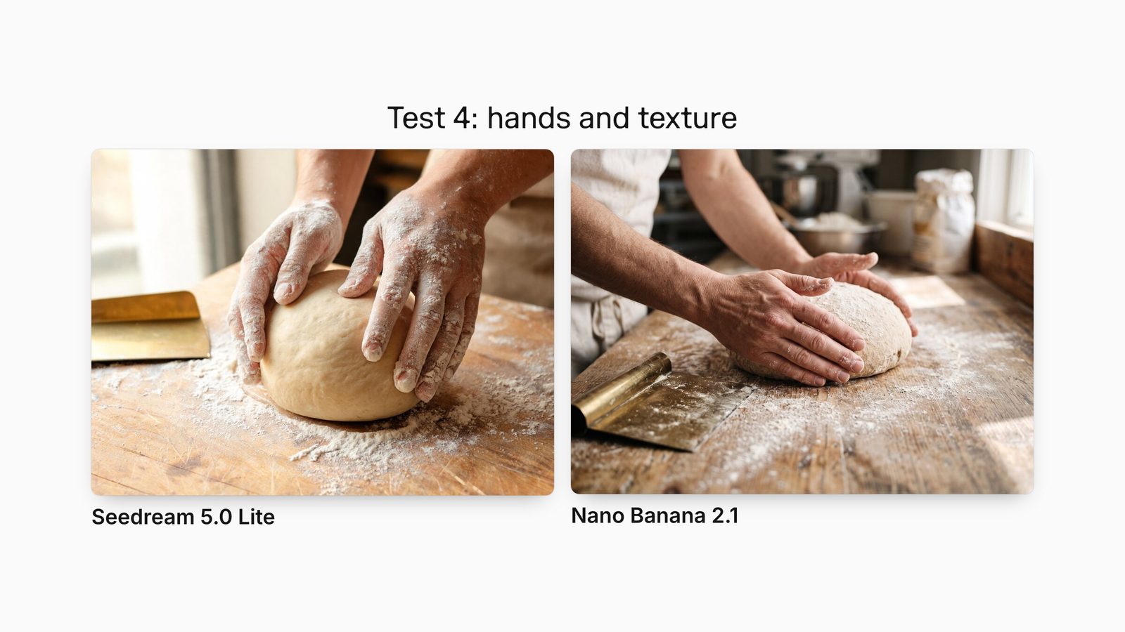 Seedream 5.0 Lite and Nano Banana 2.1 outputs for the same close-up of floured hands shaping sourdough beside a brass bench scraper.