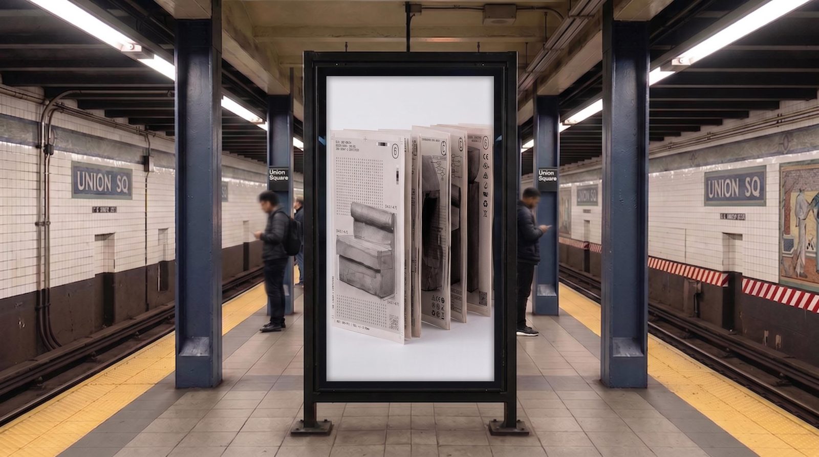 Campaign placement concept with an illuminated architectural poster on a subway platform.
