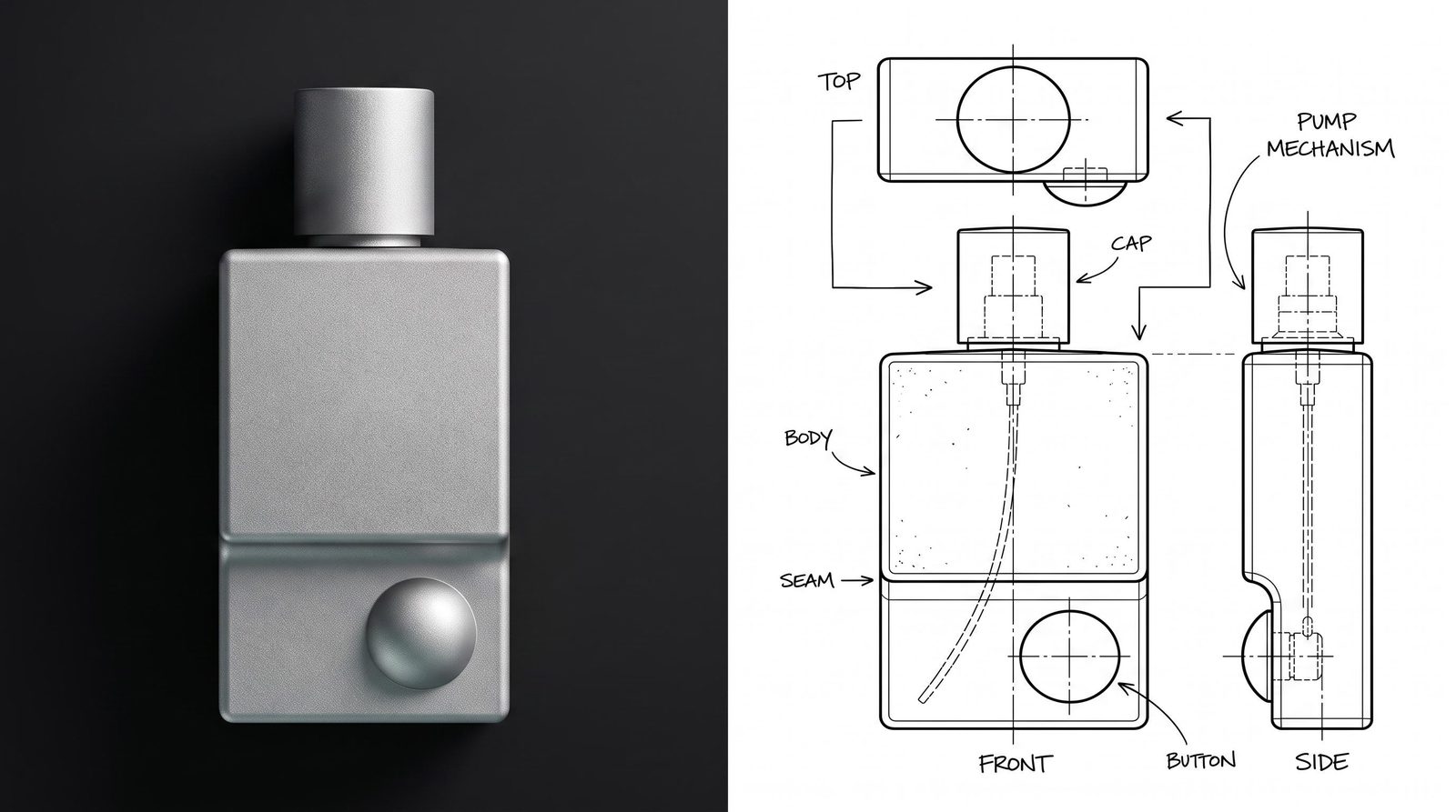 Product design concept pairing a silver perfume bottle rendering with a labeled line-drawing study.