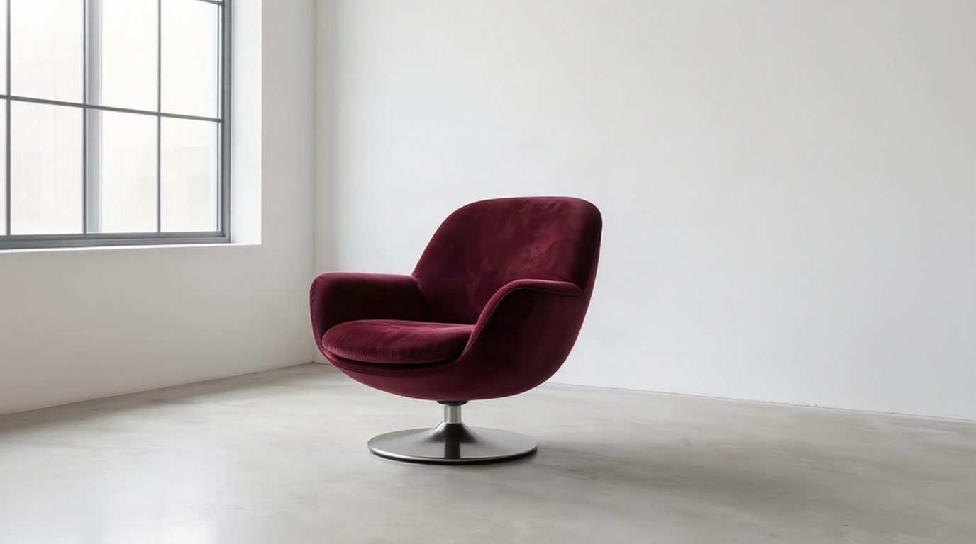Aubergine lounge chair seen from a rotated three-quarter camera angle in a bright studio.