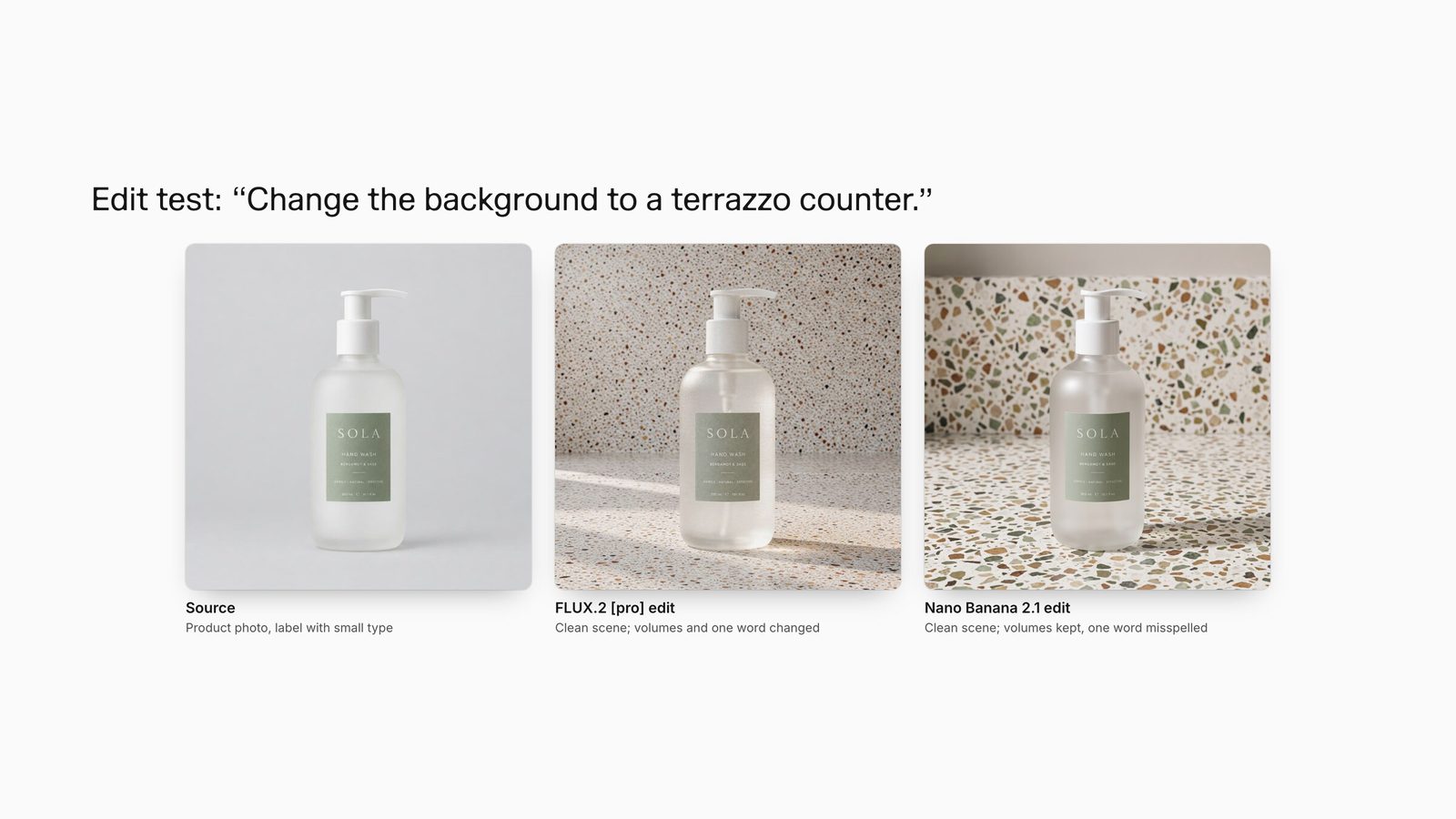 A SOLA hand wash bottle photo, and the FLUX.2 pro and Nano Banana 2.1 edits that moved it onto a terrazzo counter.