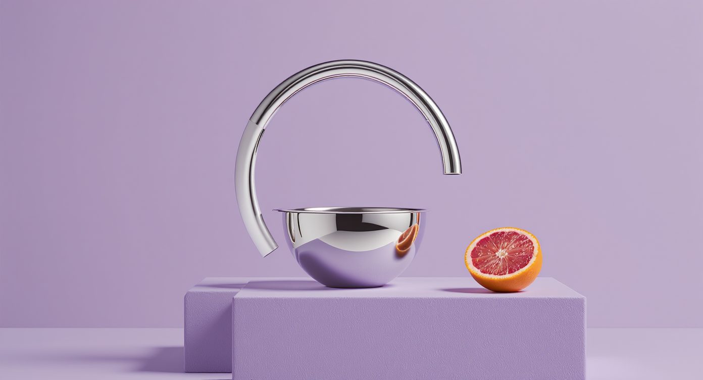 Sculptural chrome citrus press and a blood-orange half on lavender plinths.