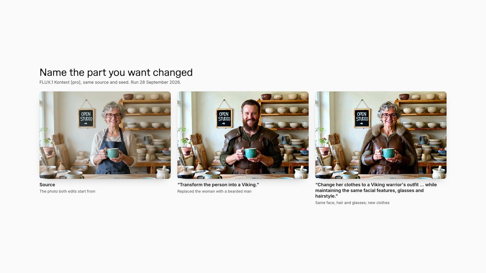 Three images: the source ceramicist, a Transform prompt that replaced her with a bearded man, and a Change her clothes prompt that kept her face, glasses and hair.