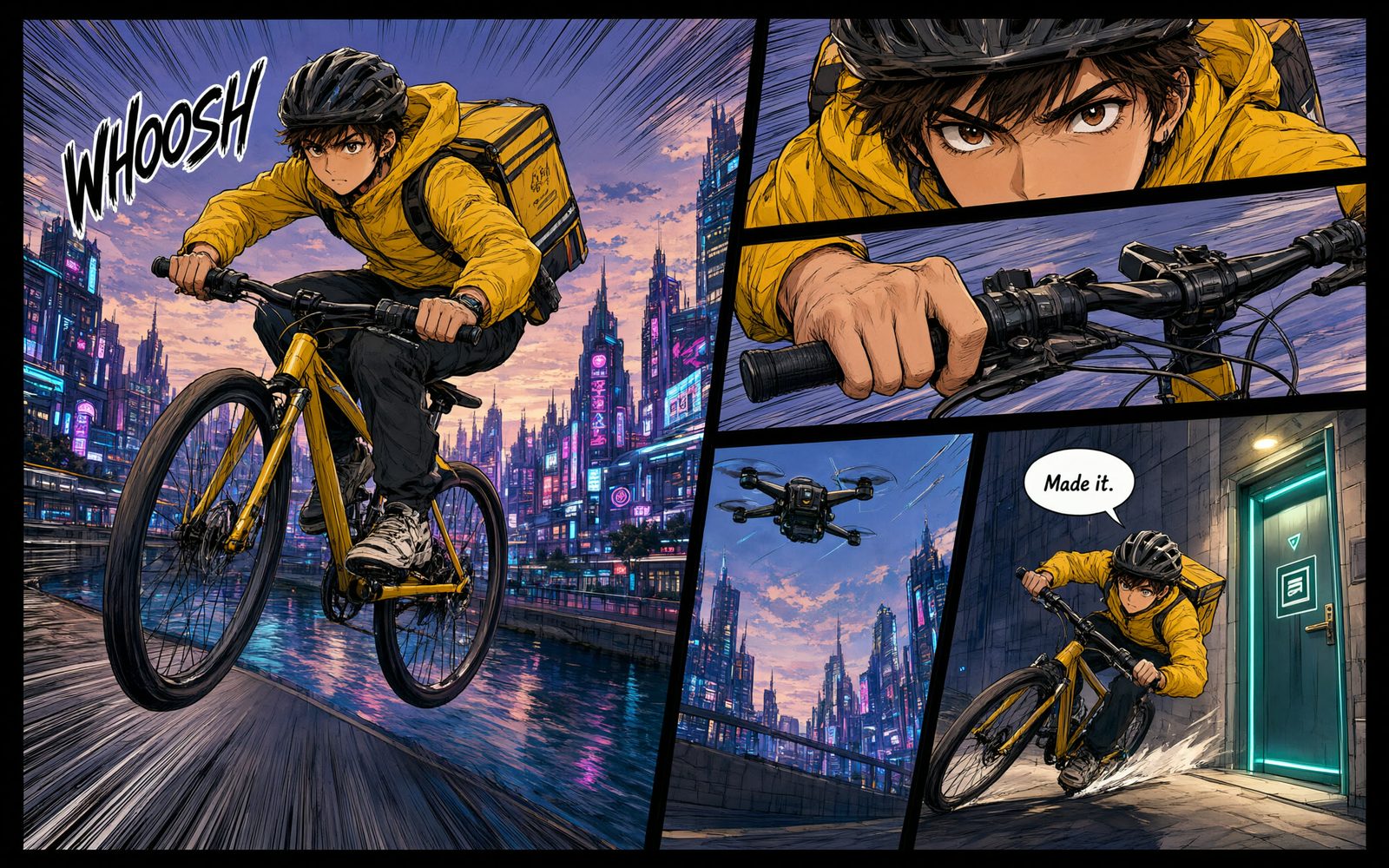 Five-panel manga page: a courier in a yellow jacket jumps a canal on a bike in a neon city, close-ups of eyes and handlebar, a chasing drone, and a stop at a glowing door