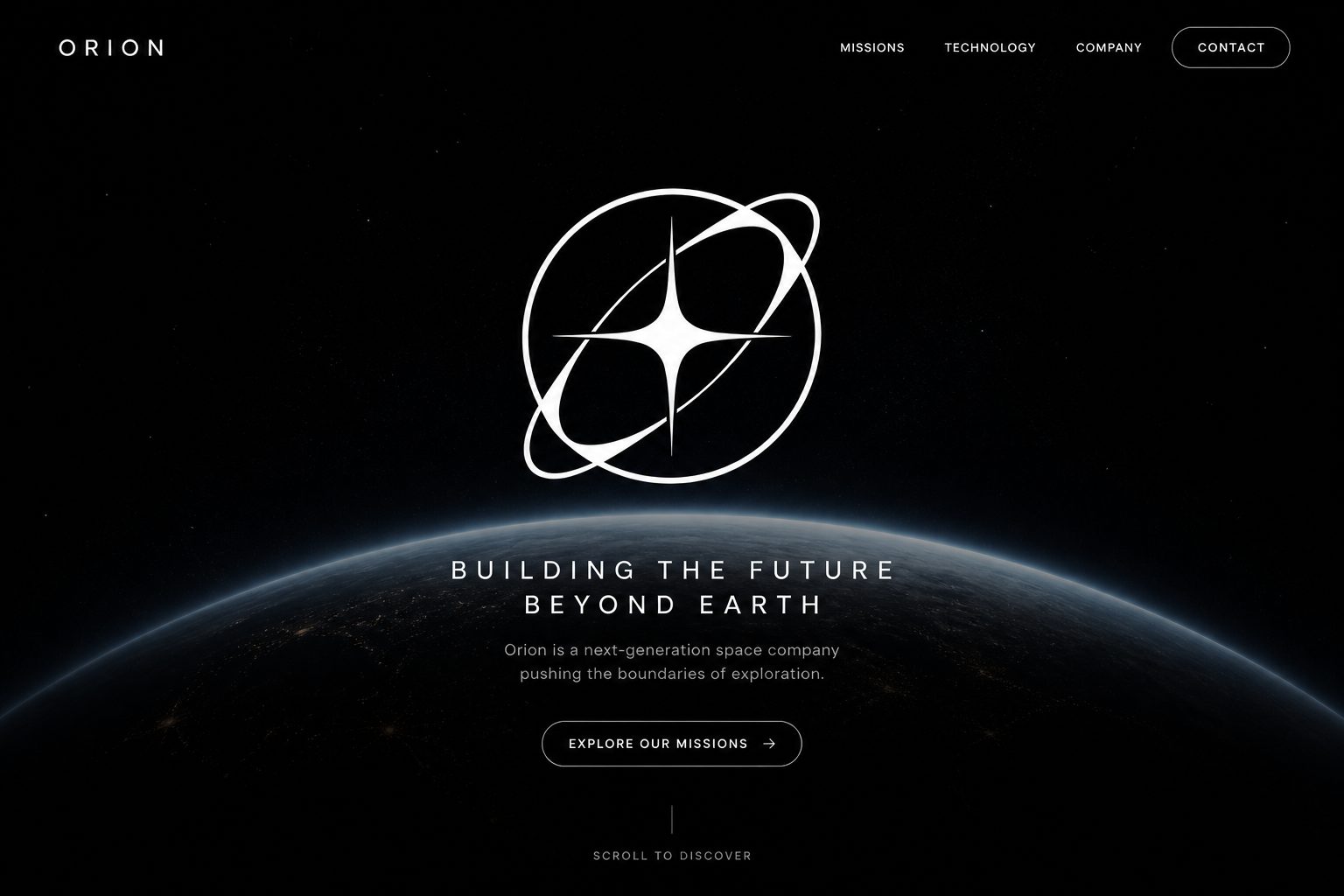 Space-themed landing-page design concept with a glowing orbital logo above a planet's curved horizon.