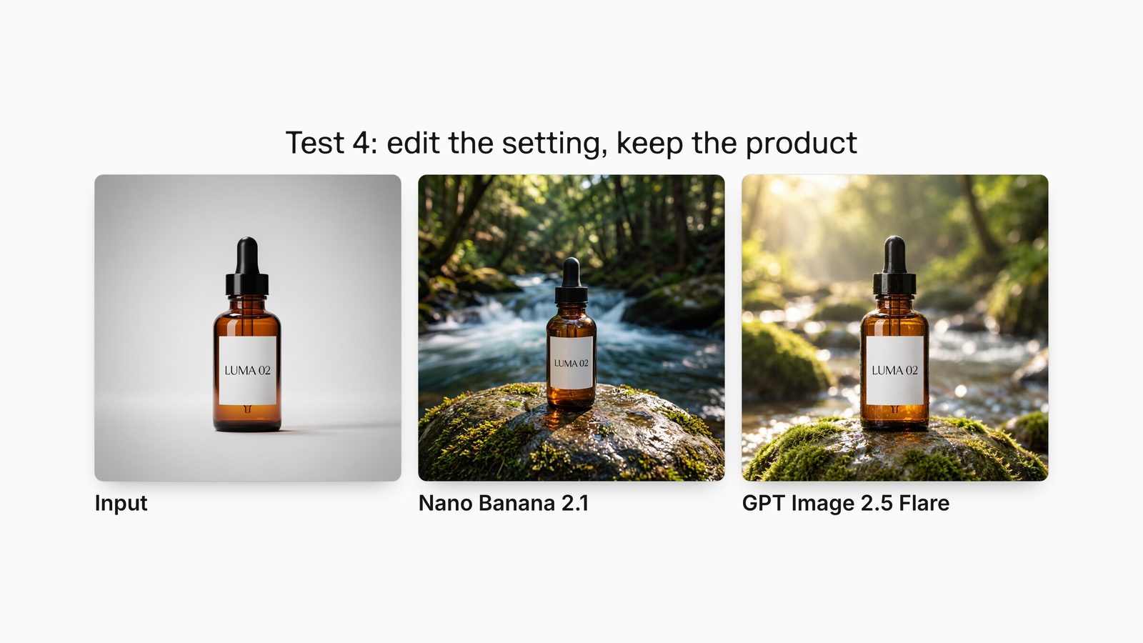 A LUMA 02 amber serum bottle packshot and the Nano Banana 2.1 and GPT Image 2.5 Flare edits that place it on a mossy river stone.