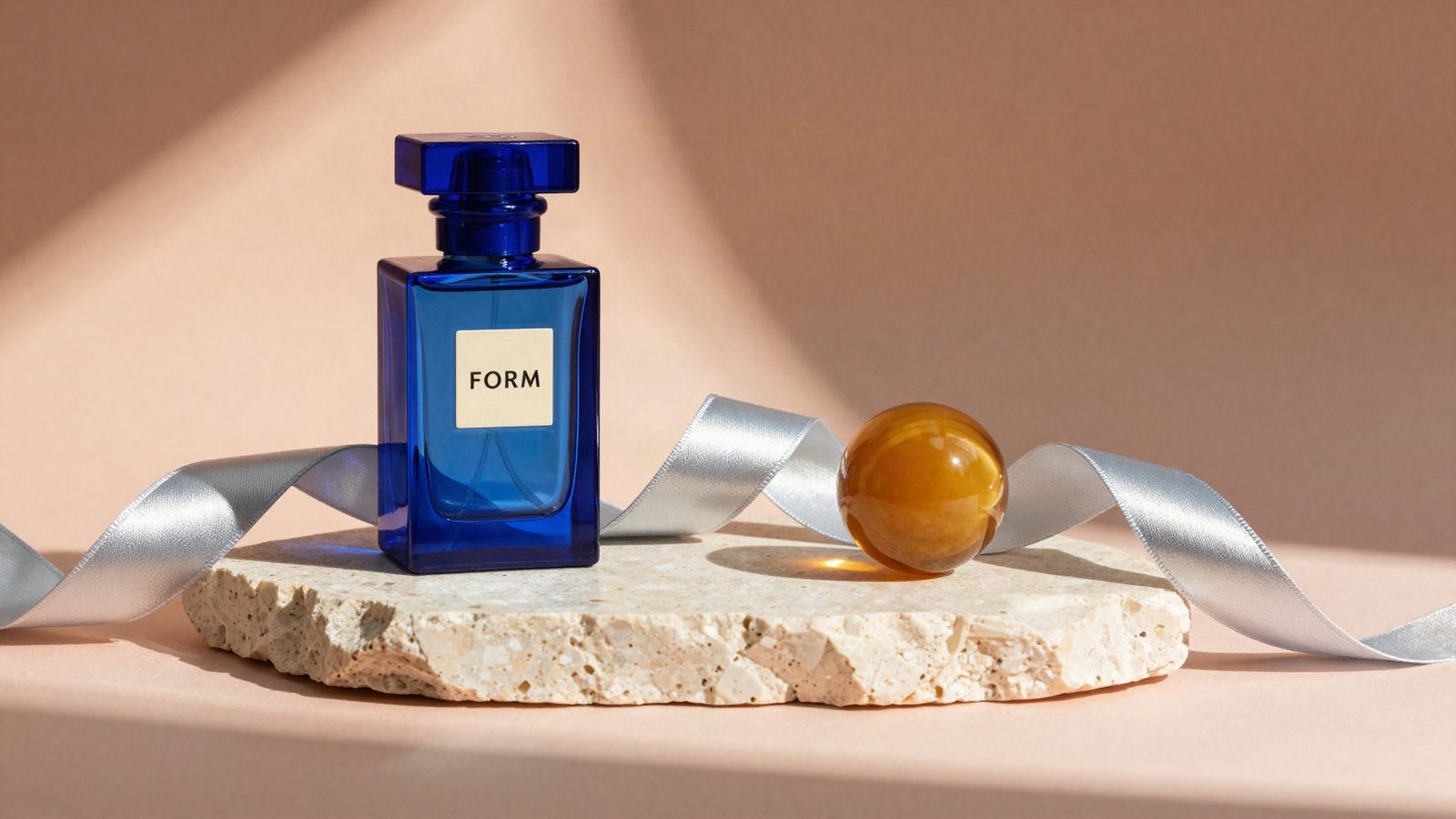 Cobalt blue FORM perfume bottle on travertine with a silver ribbon and amber glass sphere, generated with Z-Image.
