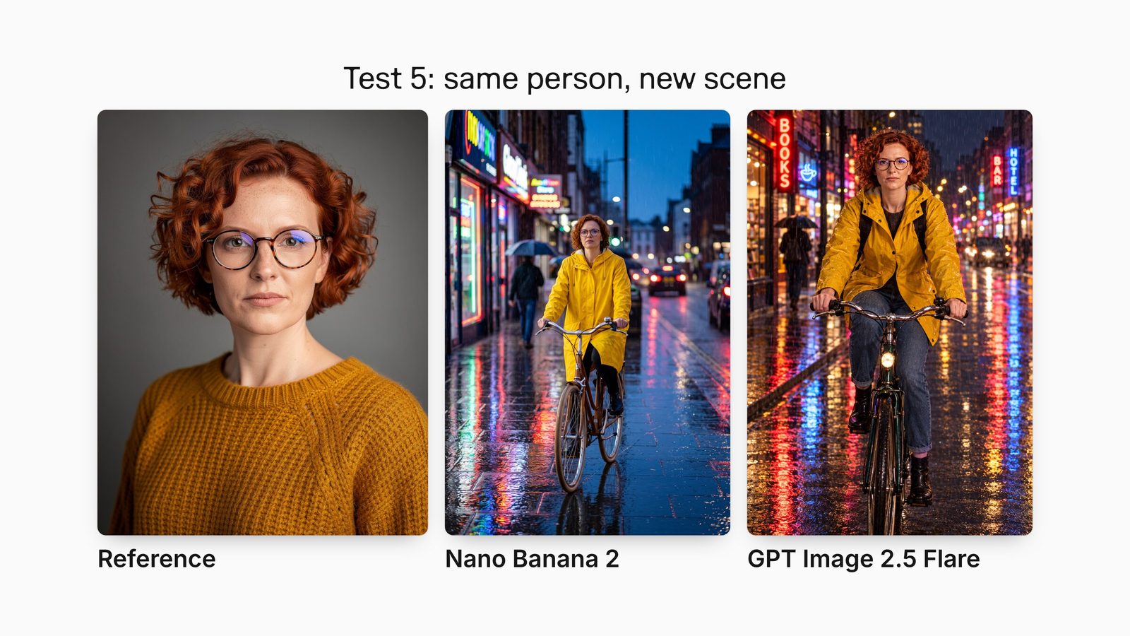 A portrait of a red-haired woman in glasses, and the Nano Banana 2 and GPT Image 2.5 Flare outputs placing her on a bicycle in a rainy neon street.