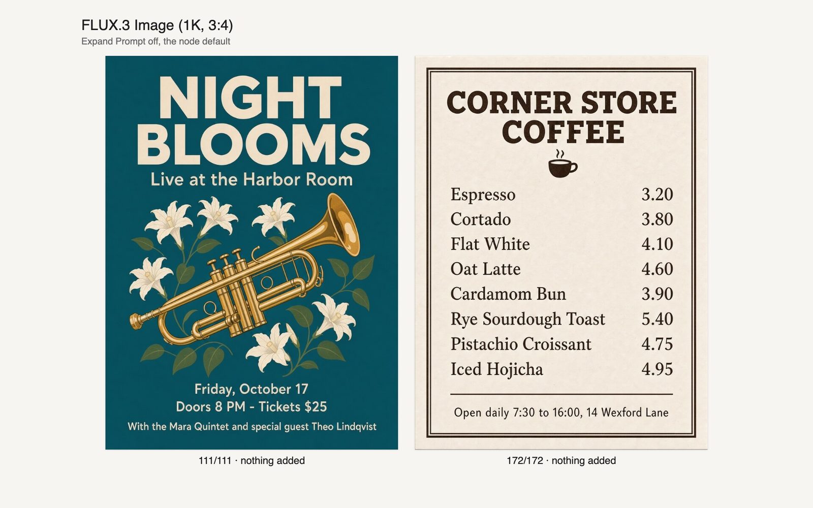 The jazz poster and café menu generated by FLUX.3 Image at 1K with Expand Prompt off, with 111/111 and 172/172 correct characters.