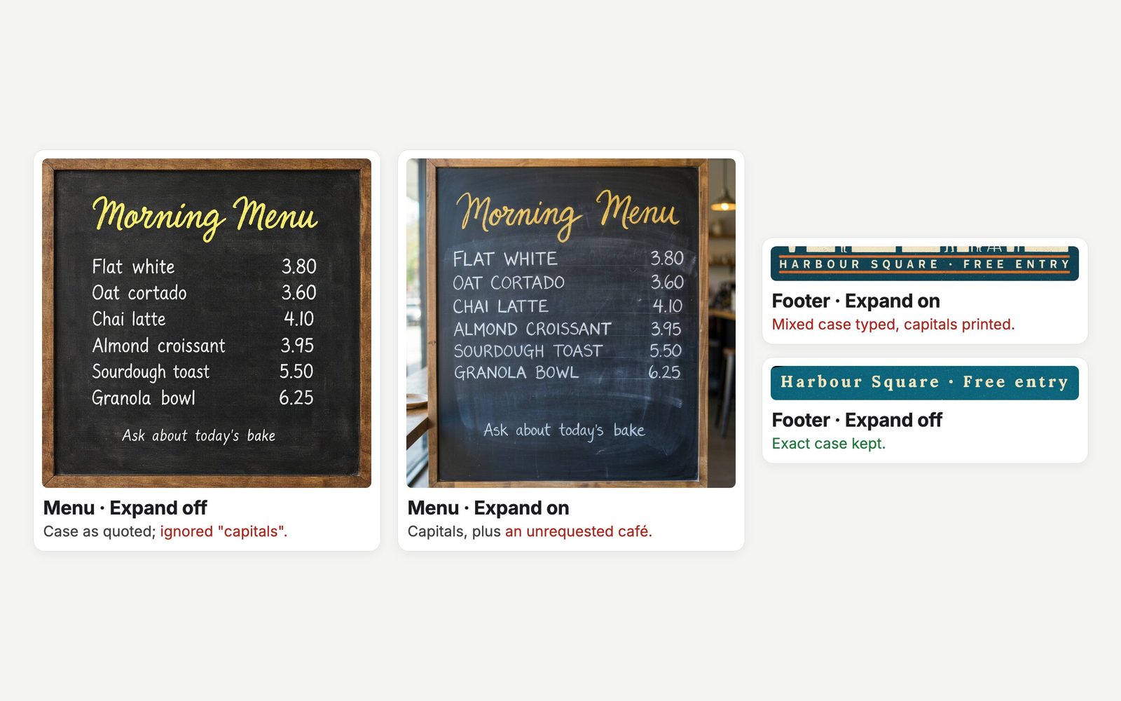 Ideogram 4.5 with Expand Prompt off and on: a chalkboard menu and a poster footer, showing how the rewrite changes letter case and scene.