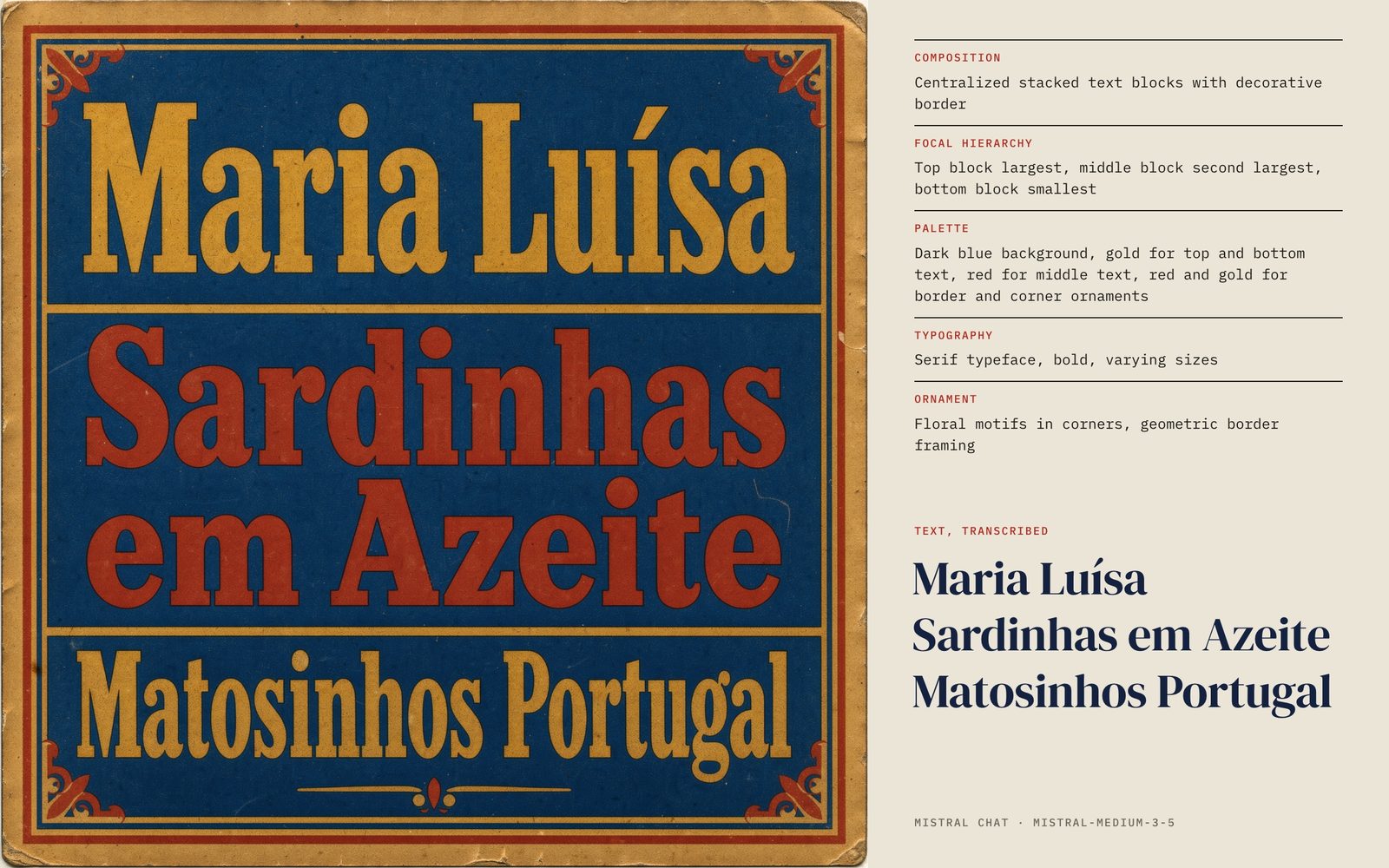 Blue and ochre Maria Luísa sardine tin label beside an inventory of layout, palette, serif type and ornament, with its text transcribed