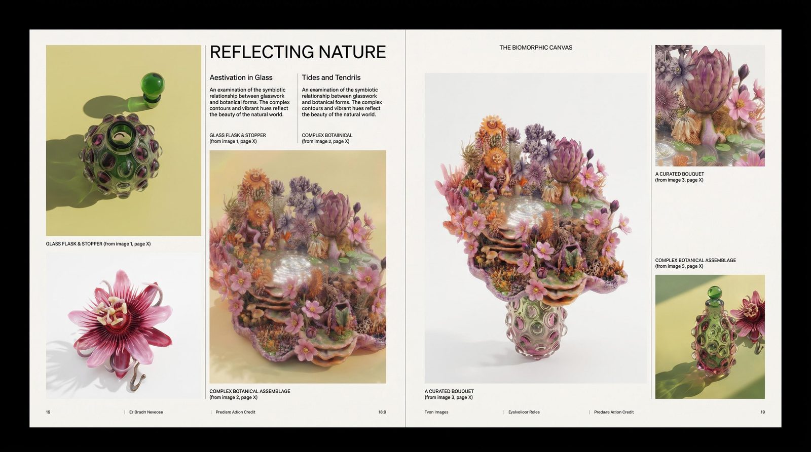 Reflecting Nature editorial layout concept combining floral imagery, typography and green accents.