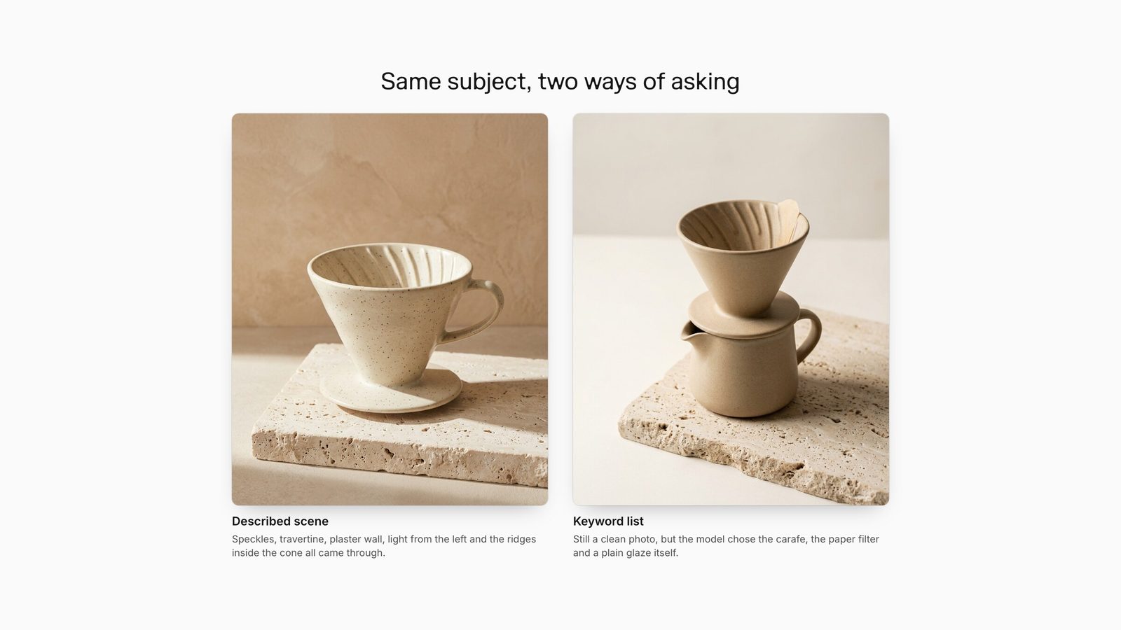 Two Nano Banana 2.1 outputs: a described-scene prompt gives a speckled dripper on travertine against plaster; a keyword prompt gives a plain dripper on a carafe on a travertine slab.