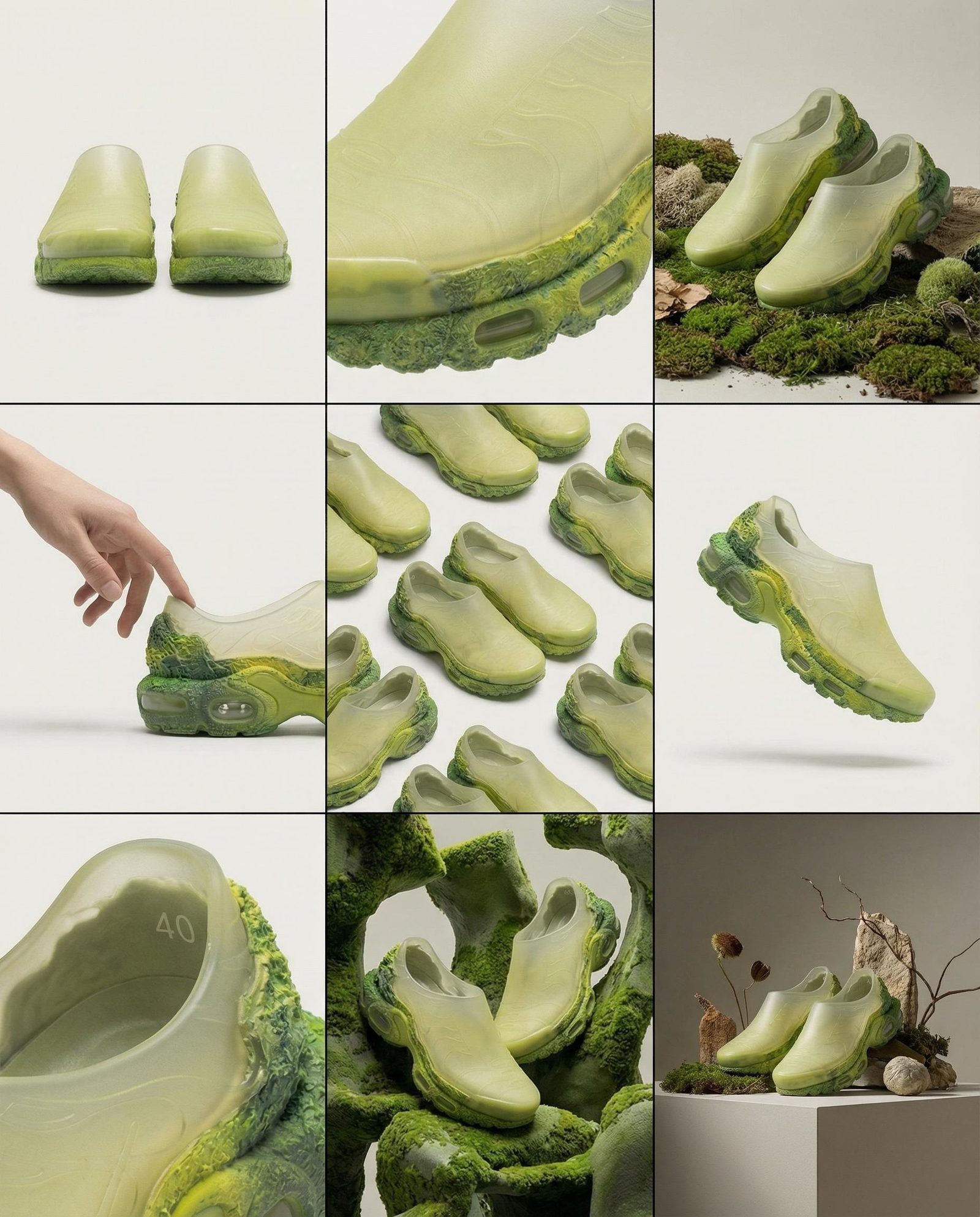 Nine-panel footwear concept board exploring green shoes with moss-like textures, close-up details and styled arrangements.