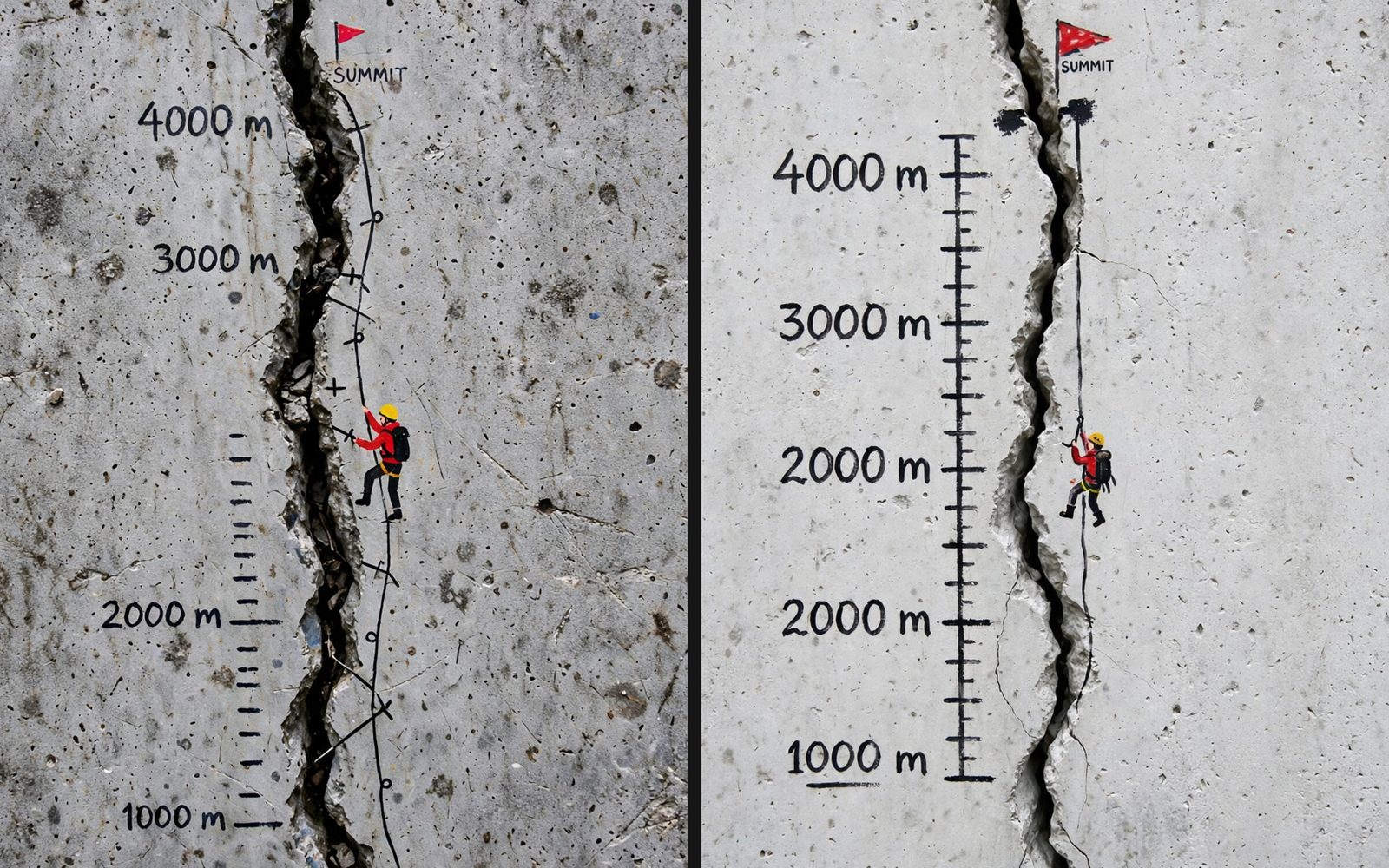 Two Muse Image runs of a painted climber on a concrete crack with an altitude ruler; the re-run labels two ticks 2000 m.