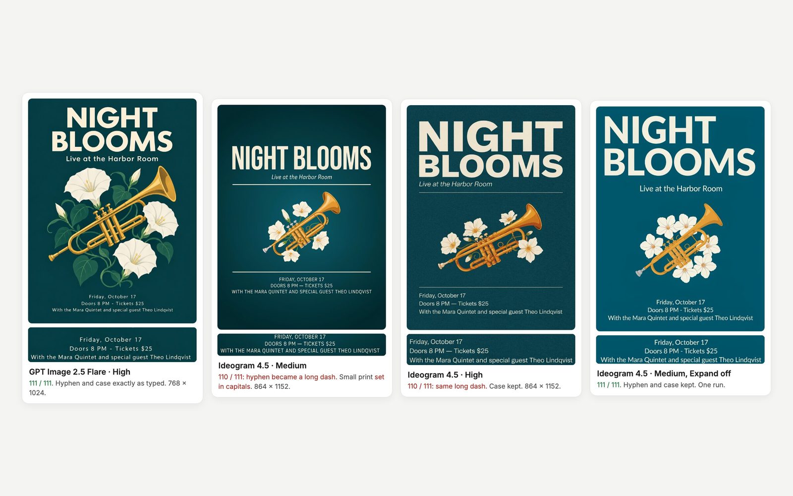 Jazz posters from one prompt: GPT Image 2.5 Flare High and Ideogram 4.5 Medium, High and Medium with Expand off, each with a small-print close-up and character count.