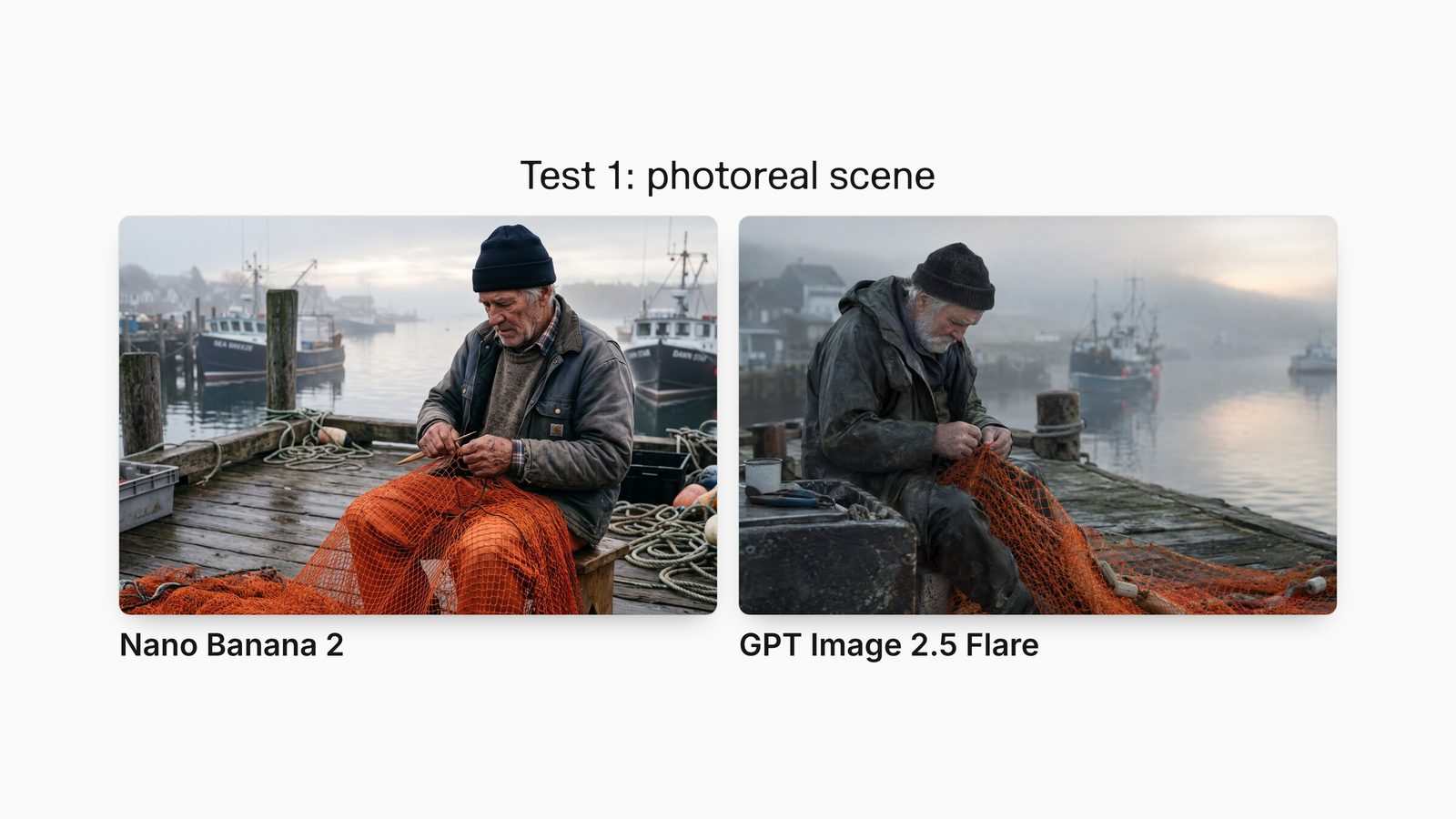 Nano Banana 2 and GPT Image 2.5 Flare outputs for the same prompt: an elderly fisherman mending an orange net on a wooden dock at dawn.