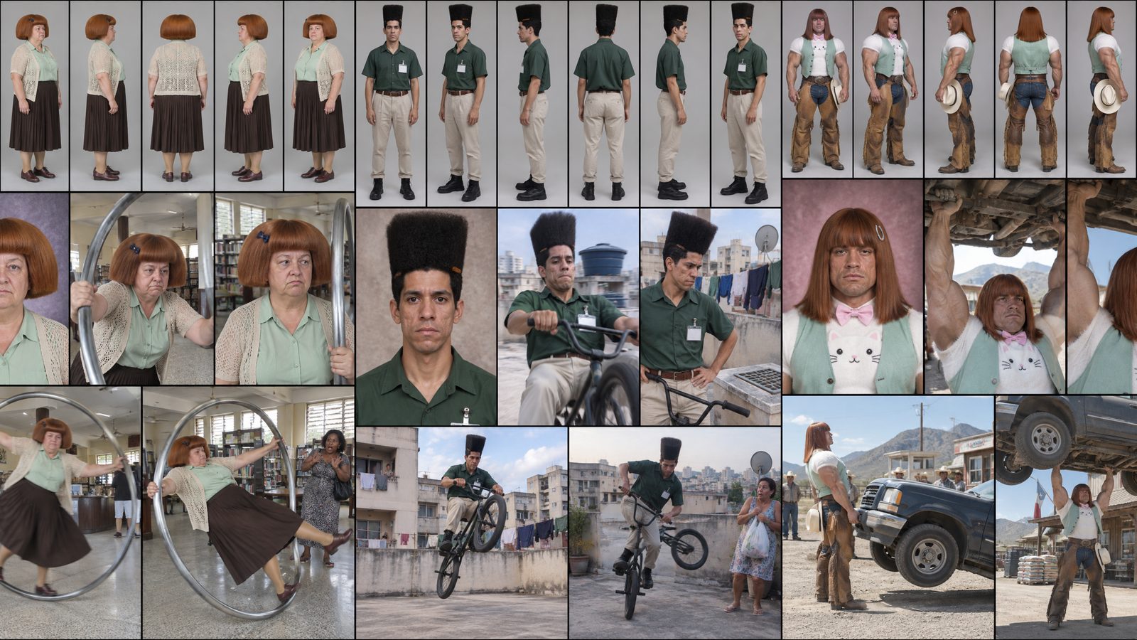 Three AI character sheets side by side: a copper-bobbed archivist on a Cyr wheel, an elevator inspector with a tall flat-top on a BMX, and an auburn-haired cowboy lifting a pickup.