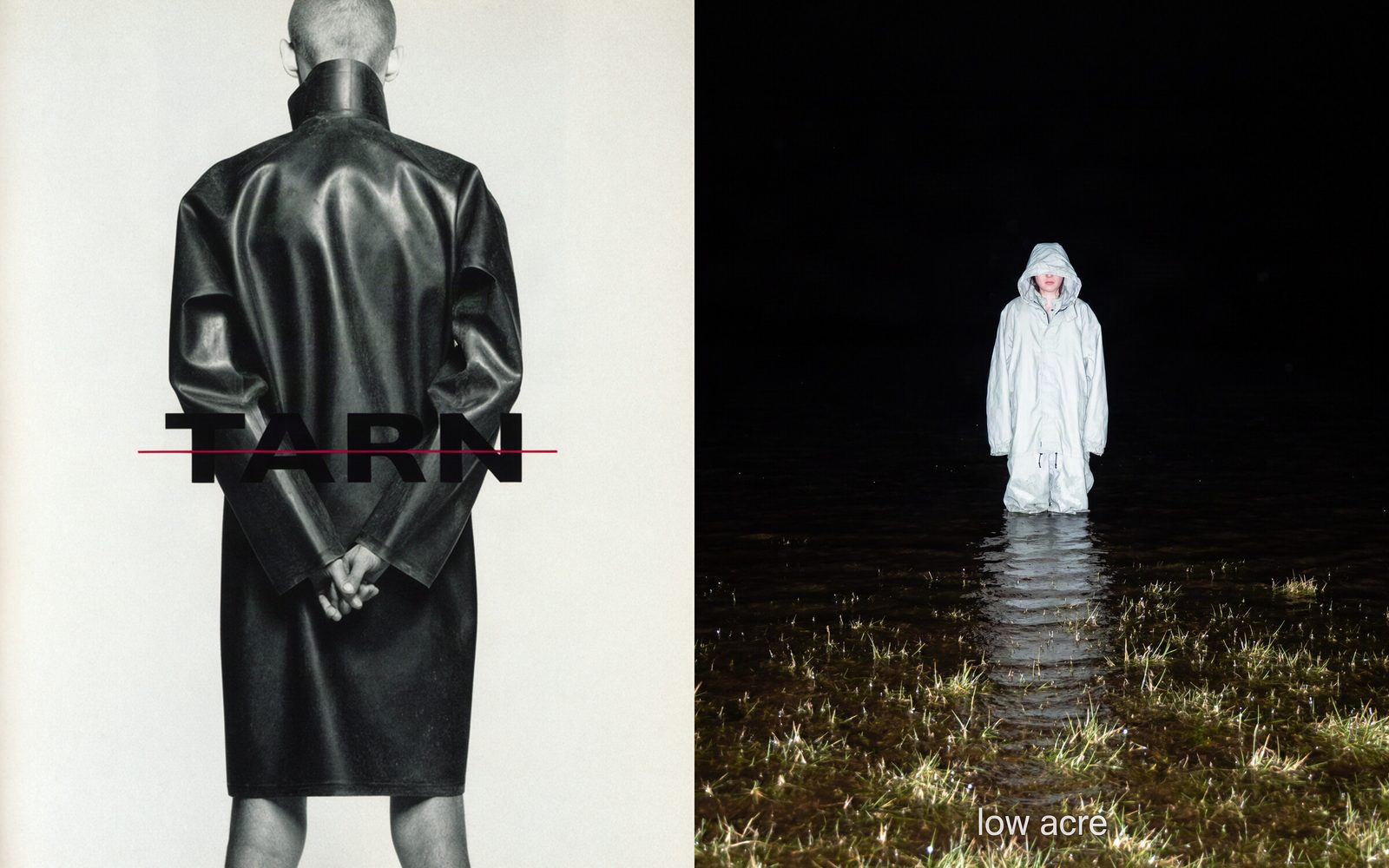 Two Krea 3 record sleeves: a figure in a black raincoat behind the word TARN with a crimson strikethrough, and a flash-lit figure in a flooded field over "low acre".