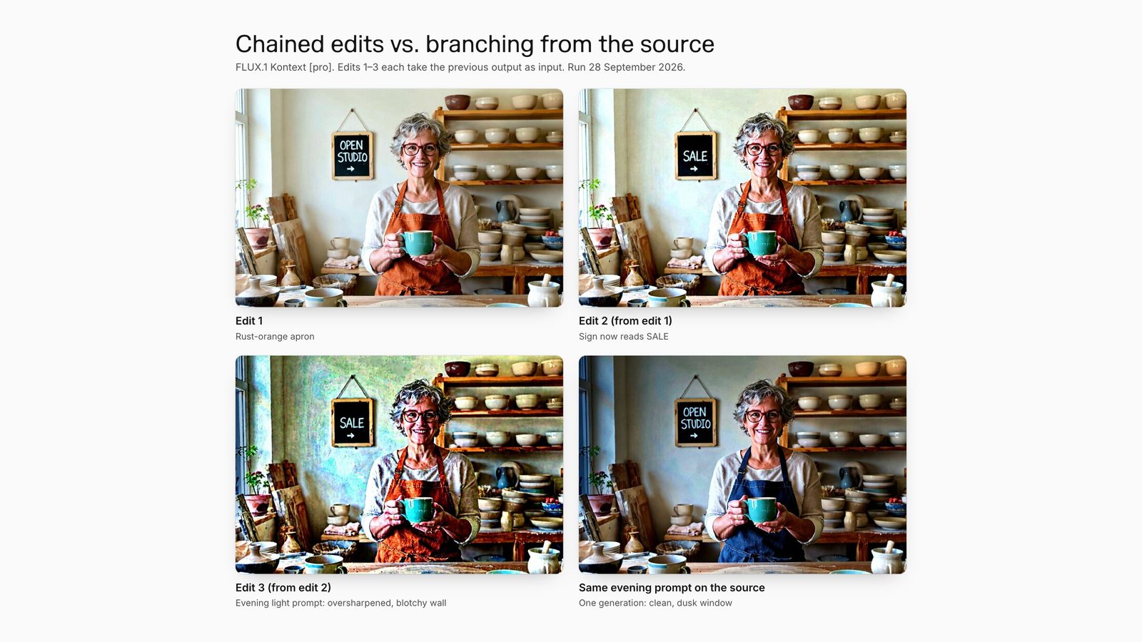 Three chained Kontext Pro edits growing oversharpened by the third step, next to the same lighting prompt applied once to the source, which stays clean.