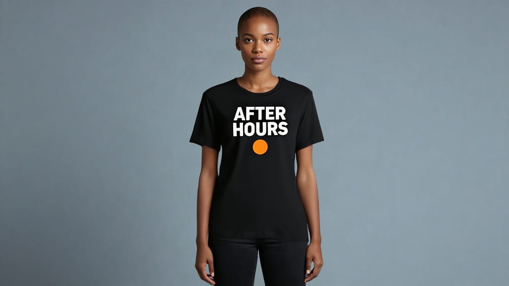 Fashn Tryon transfers a black AFTER HOURS graphic tee with white lettering and an orange circle onto a model.