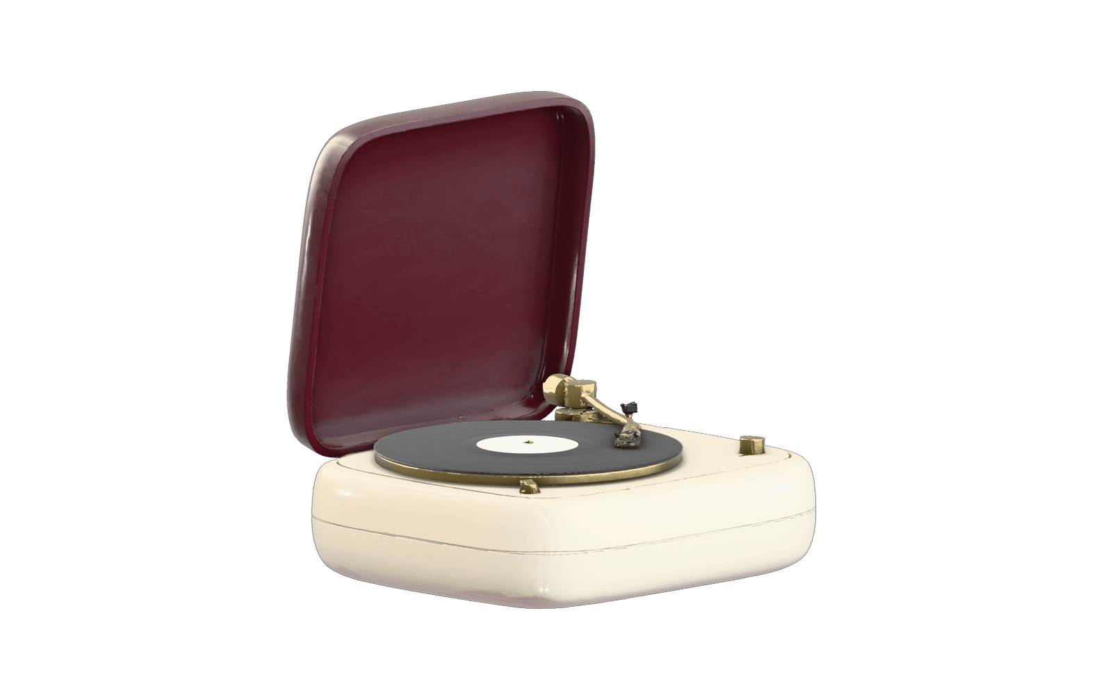 sculptural portable record player, cream lacquer shell, maroon lid standing open, brass tonearm, one black vinyl disc, elegant 1970s industrial design — rendered from a native meshy 3D generation