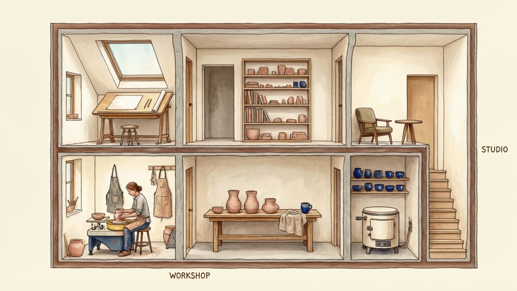 Architectural cutaway of a two-story ceramics workshop and studio.