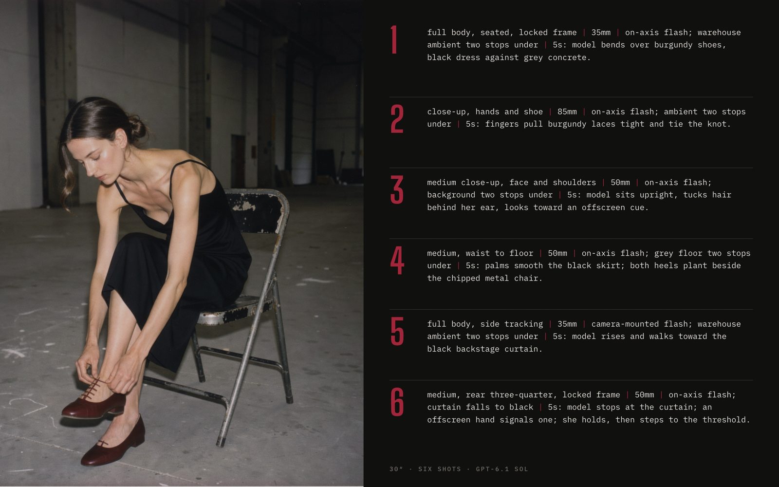 Backstage Polaroid of a model tying burgundy shoes beside a six-shot list with framing, lens, flash and action