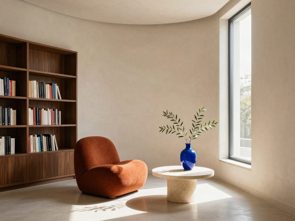 Sunlit reading room with a rust-colored chair, travertine table, walnut shelves and a cobalt vase, generated with Z-Image.