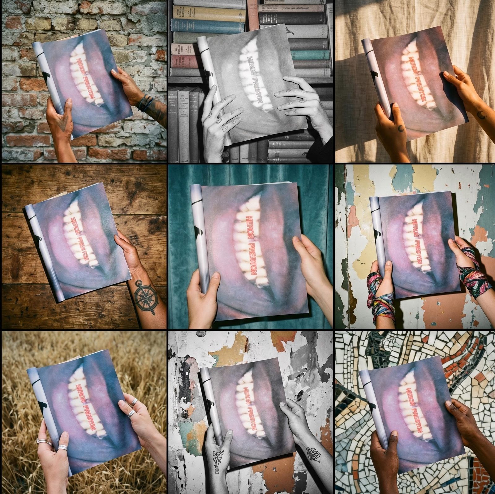 Nine-panel artwork concept showing a book cover with a teeth illustration in different settings.