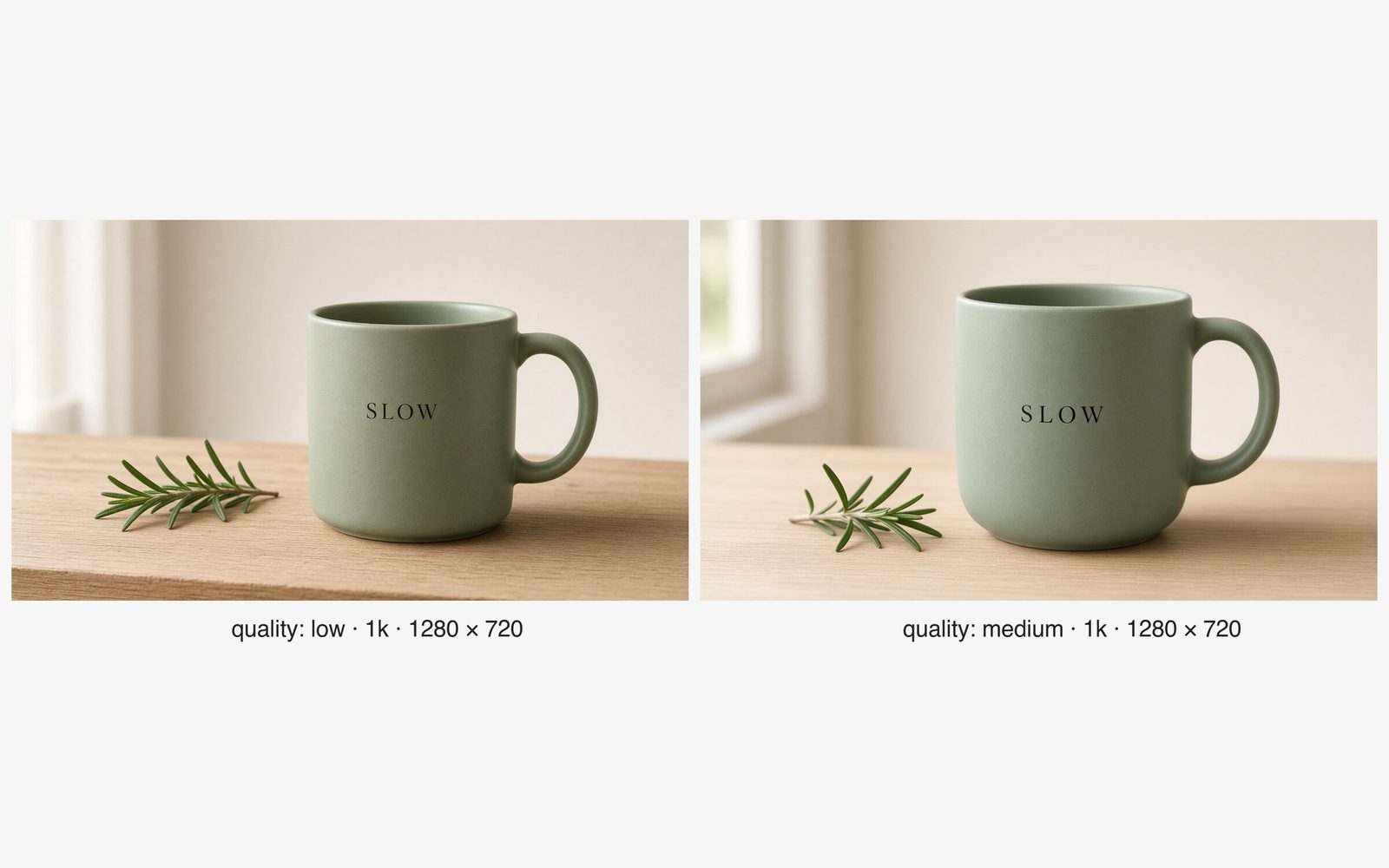 The same Grok Imagine Image v2.0 prompt for a sage-green mug printed with SLOW, rendered at quality low and quality medium, both 1280 by 720.
