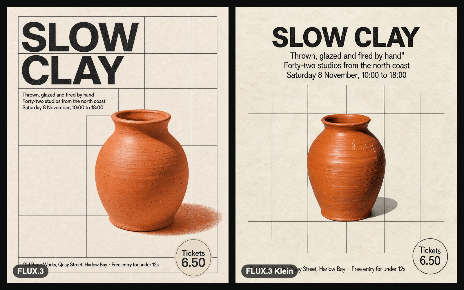 FLUX.3 Klein vs FLUX.3 text rendering: the same SLOW CLAY ceramics-fair poster prompt from each model at 1K, 4:5.