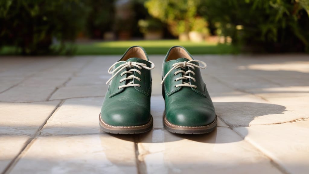 Green leather shoes on sunlit limestone with natural ground shadows.