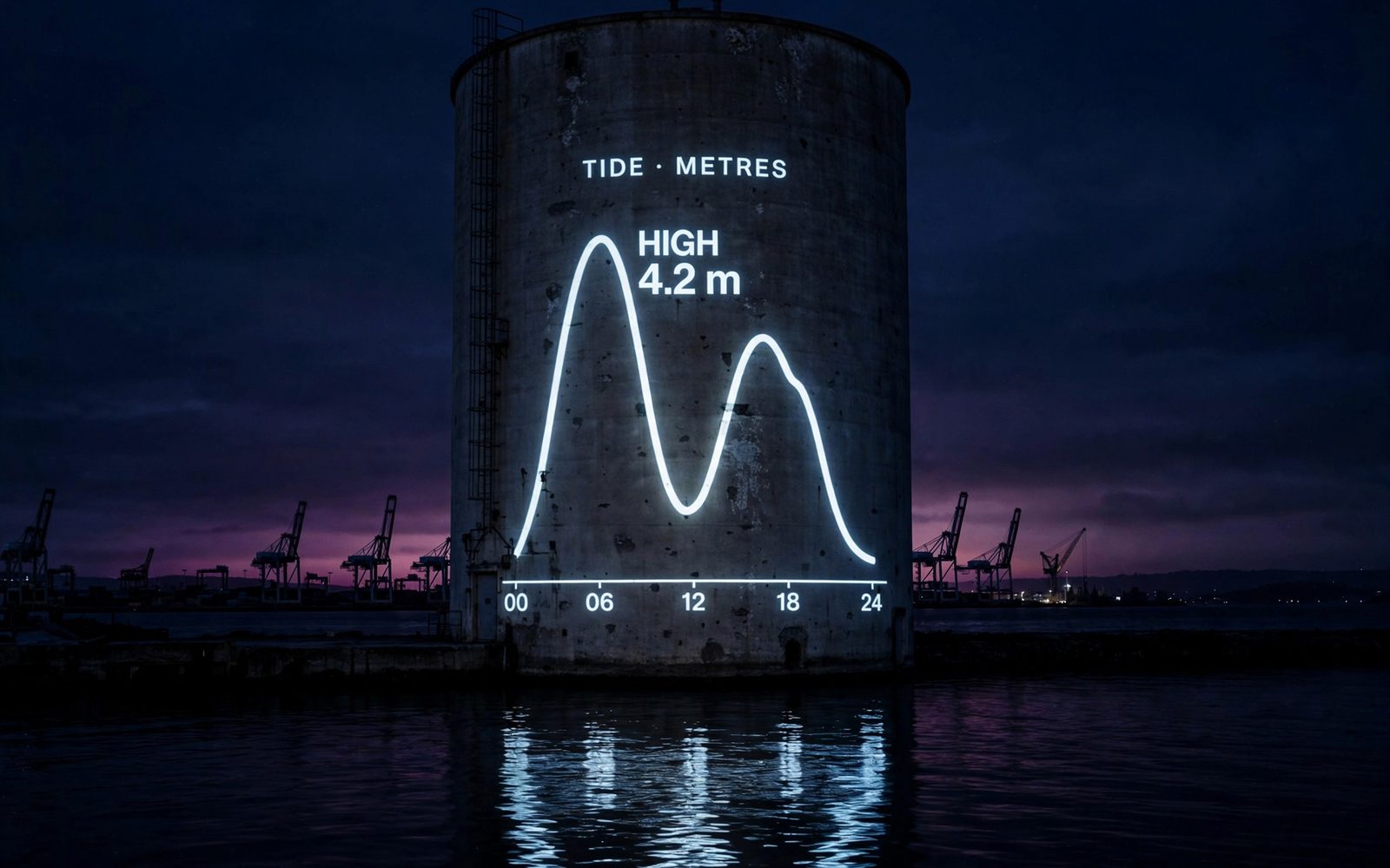 Muse Image still: a tide chart reading HIGH 4.2 m projected in white light across a concrete grain silo by a dark harbour at night.