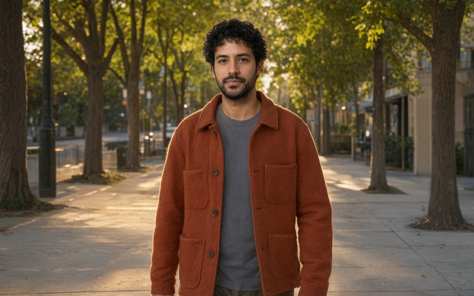 Man with curly black hair and a beard in a rust-orange wool chore jacket over a grey t-shirt, walking toward the camera on a tree-lined sidewalk at golden hour
