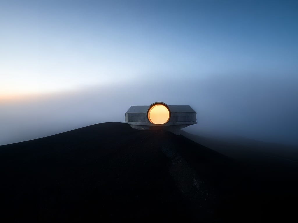 Remote concrete observatory glowing through fog on a volcanic plateau at dawn, generated with Wan-2.2 Lite.