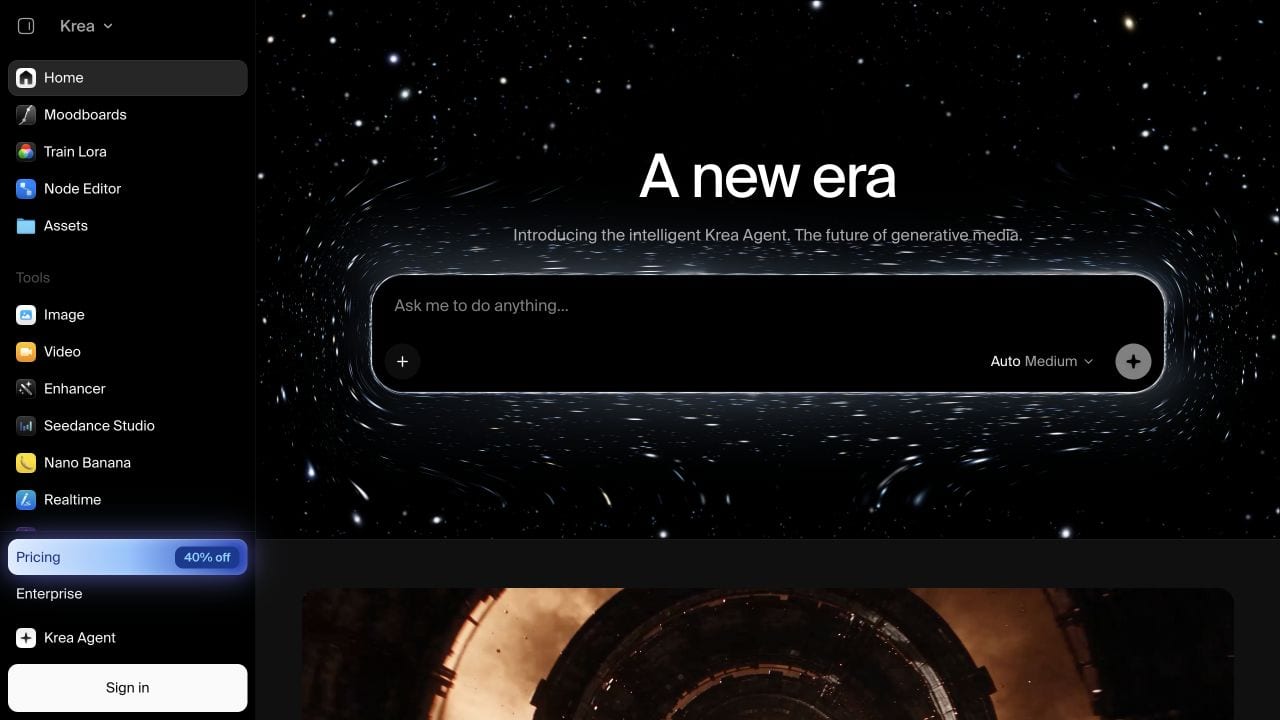 Krea Nodes public landing page, captured September 15, 2026.