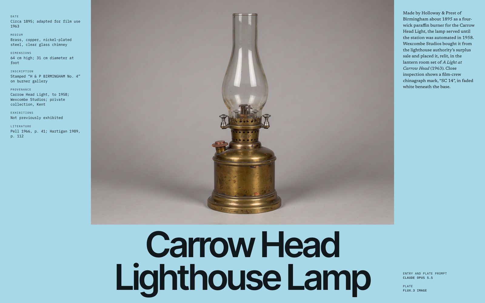Brass paraffin lighthouse lamp with a tall glass chimney on grey, on a pale blue catalogue page titled Carrow Head Lighthouse Lamp