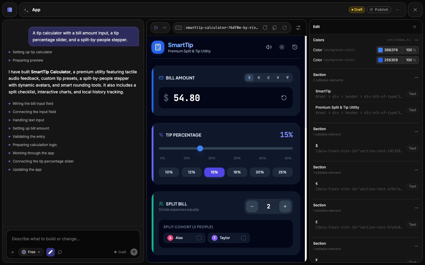 Fuser App editor showing a working tip calculator with bill, percentage and split controls.