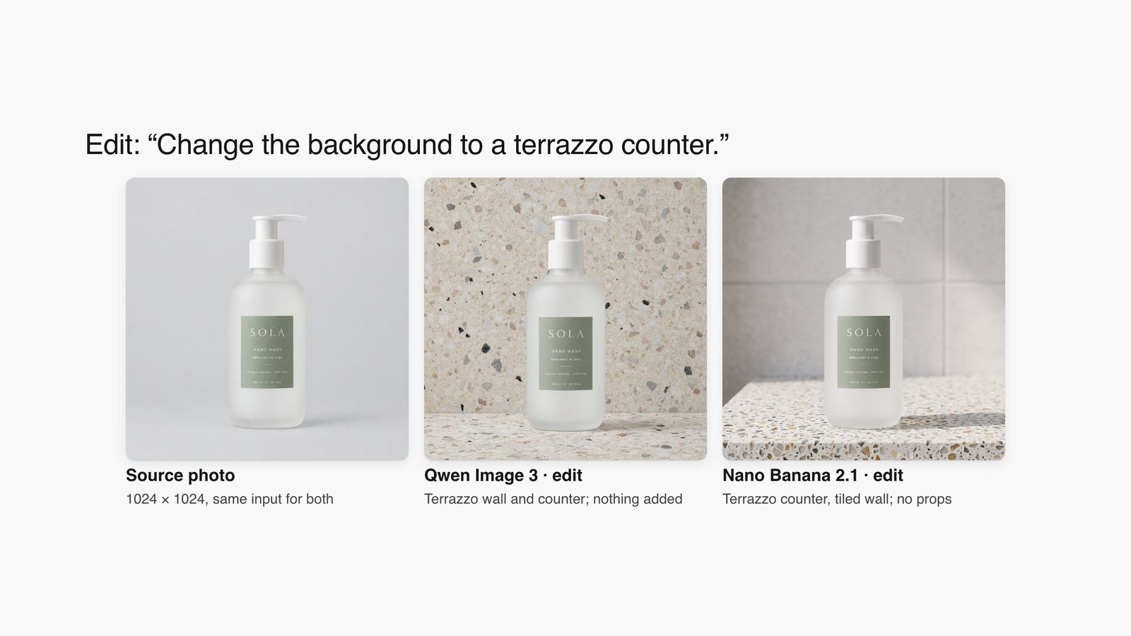 A SOLA hand wash bottle photo and the Qwen Image 3 and Nano Banana 2.1 edits that put it on a terrazzo counter.