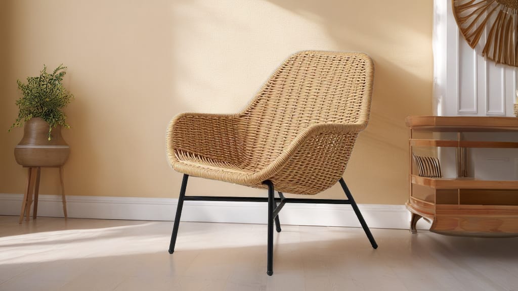 Rattan chair with fine woven contours staged in a sunlit living room.