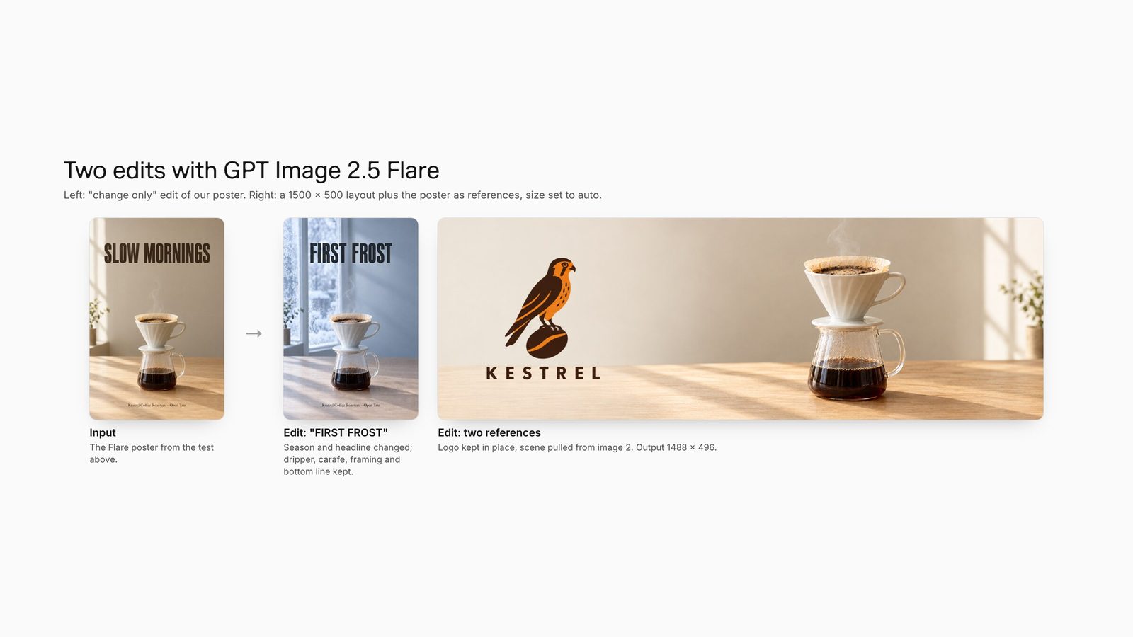 GPT Image 2.5 Flare edits: the poster changed to a frosty FIRST FROST version, and a 1488 by 496 banner combining the Kestrel logo layout with the pour-over scene.