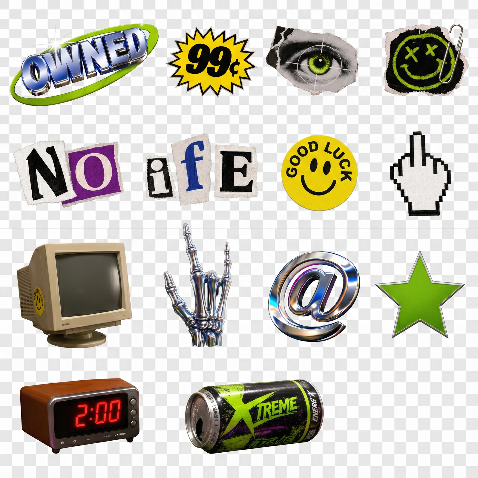 Digital sticker-sheet concept with chrome symbols, retro technology, smiley faces and lime-green accents on a checkerboard background.