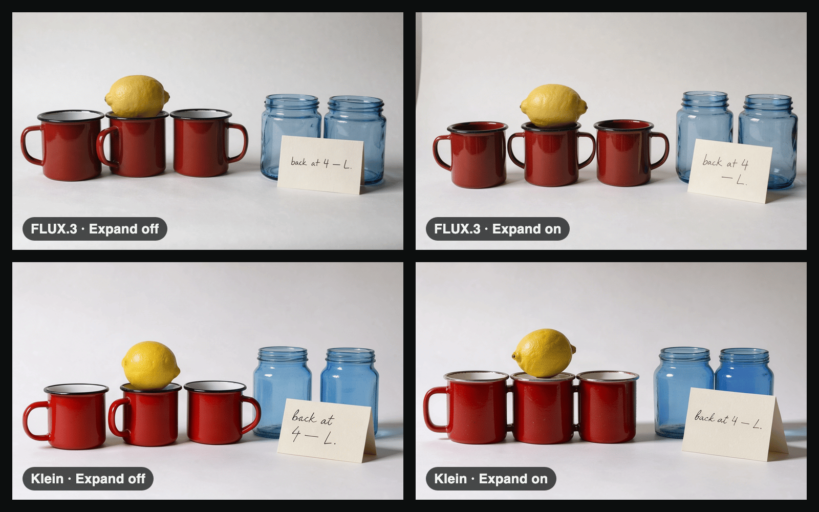 Prompt adherence test: three red mugs, two blue jars, a lemon and a handwritten note from FLUX.3 and FLUX.3 Klein, each with Expand Prompt off and on.